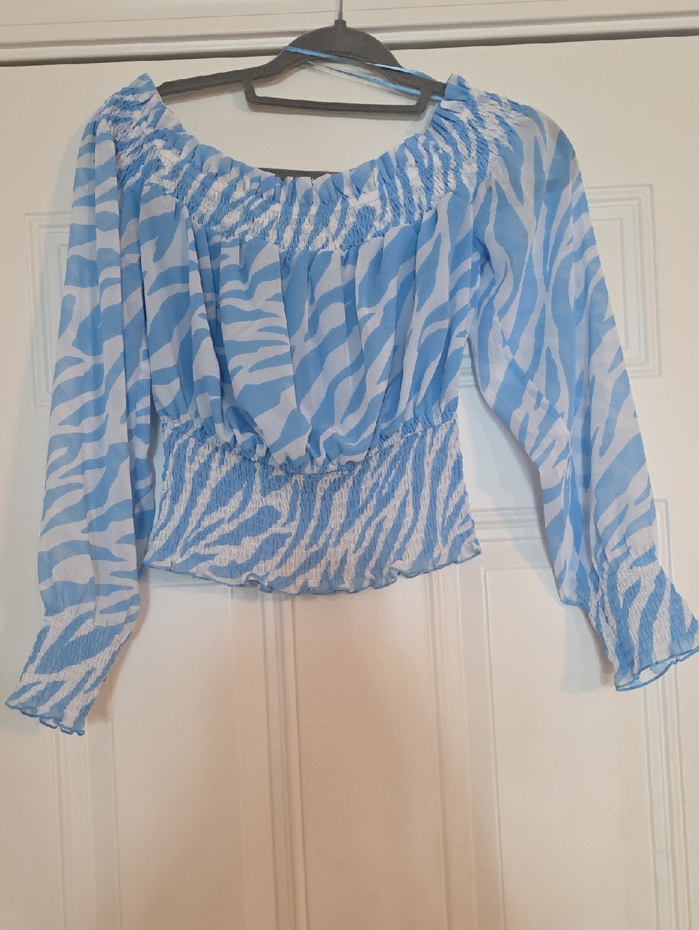 Bar III Light Blue and White Smocked Off-Shoulder Zebra Blouse
